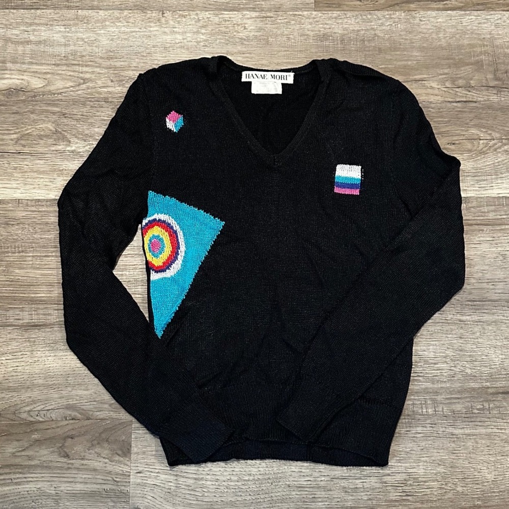 Hanae Mori Vintage Black Rayon V-Neck Sweater Geometric Pop Art Japan Size 12